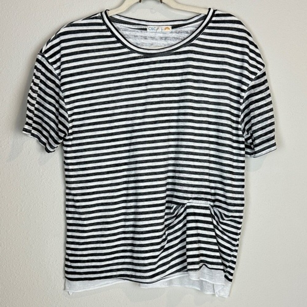 C&C California Grey Striped Layered Crewneck T-shirt M